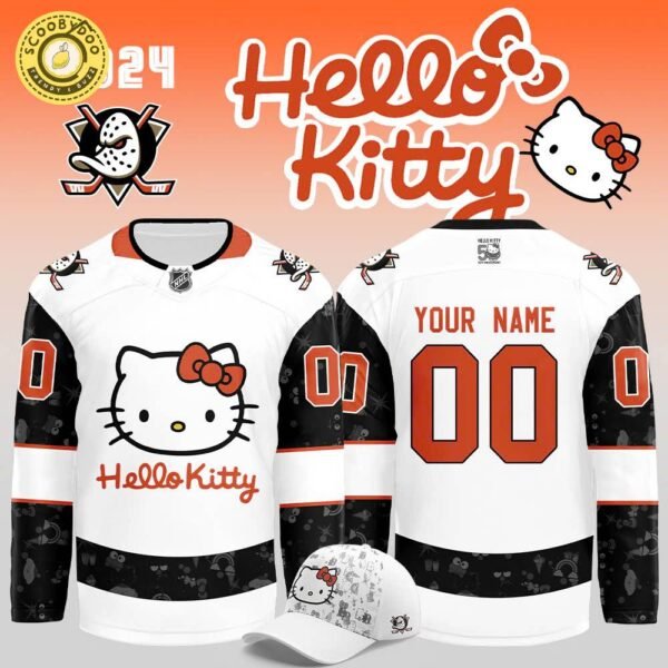 Anaheim Ducks x Hello Kitty 50th Anniversary Exclusive Personalized Jersey, special edition, character-themed.