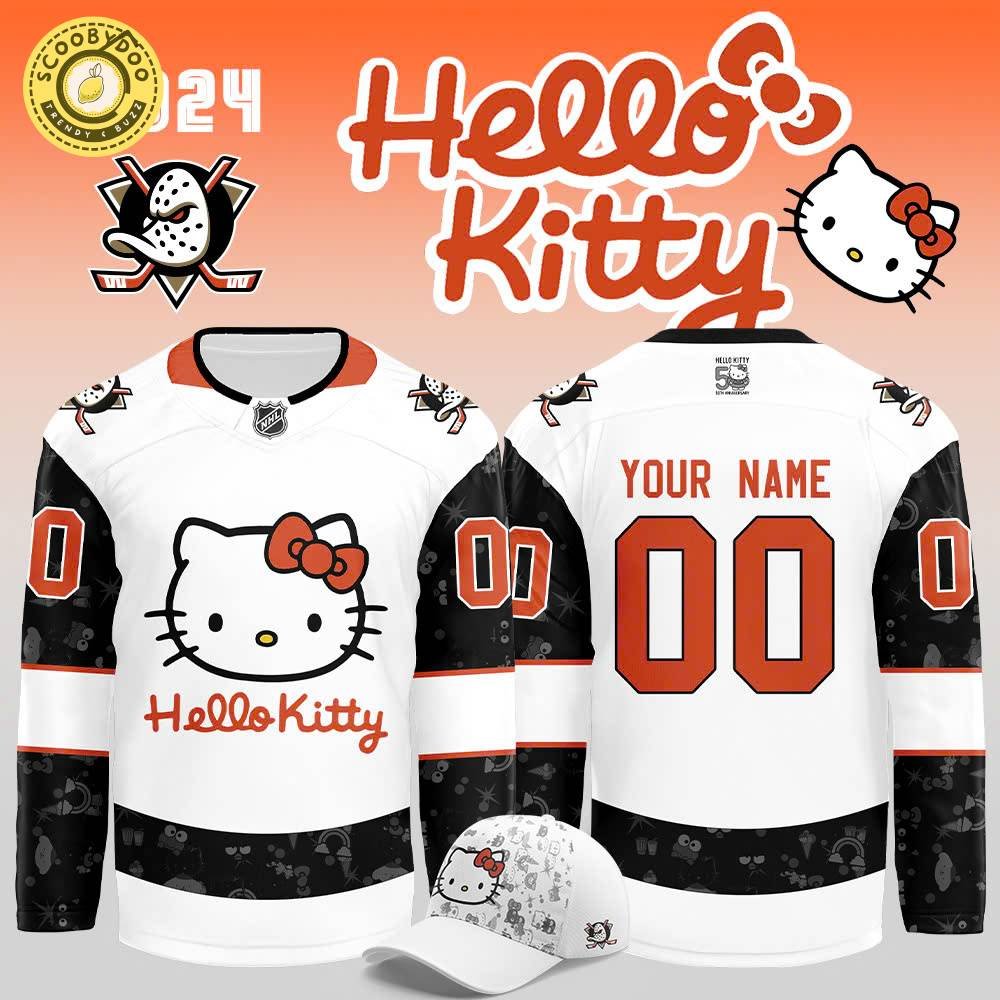 Anaheim Ducks x Hello Kitty 50th Anniversary Exclusive Personalized Jersey, special edition, character-themed. Anaheim Ducks x Hello Kitty 50th Anniversary Exclusive Personalized Jersey, special edition, character-themed.