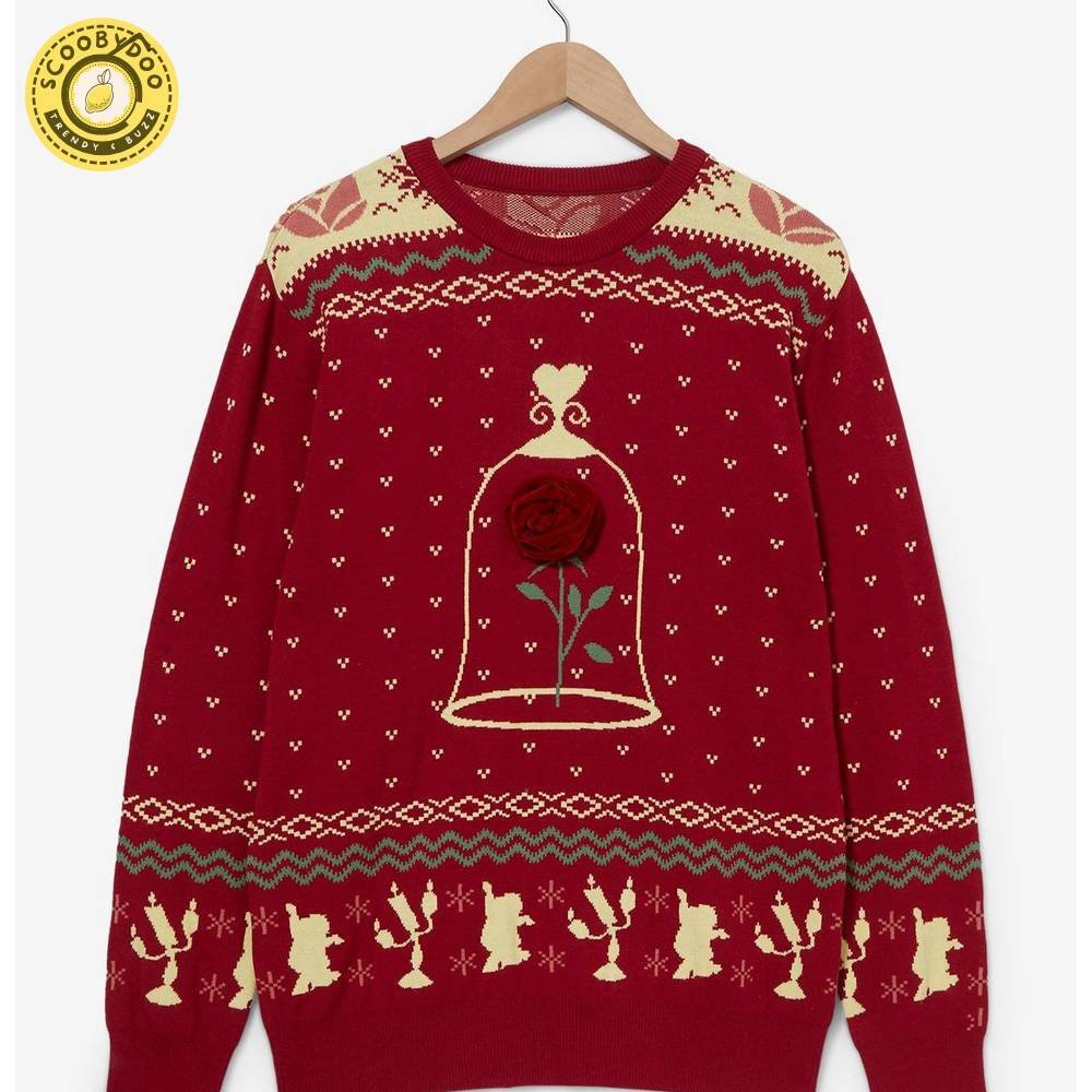 Disney Beauty And The Beast Enchanted Rose Patterned Holiday Sweater Disney Beauty And The Beast Enchanted Rose Patterned Holiday Sweater