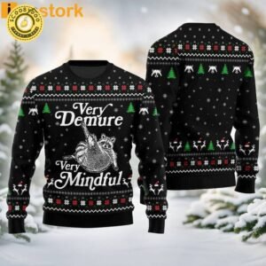 Funny Very Demure Very Mindful Racoon Ugly Christmas Black Sweater