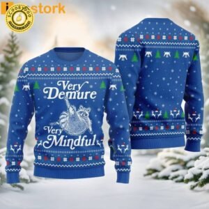 Funny Very Demure Very Mindful Racoon Ugly Christmas Blue Sweater