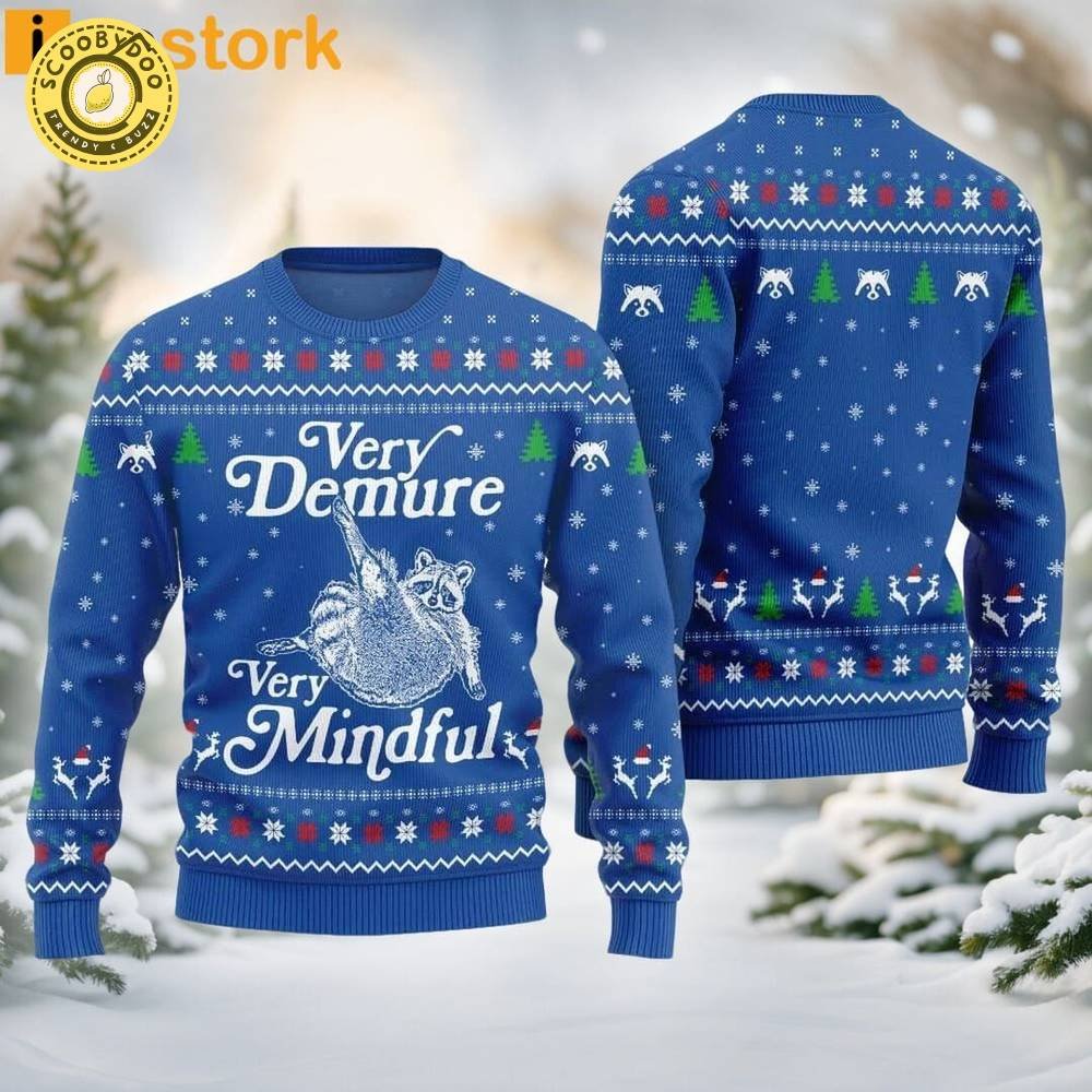 Funny Very Demure Very Mindful Racoon Ugly Christmas Blue Sweater Funny Very Demure Very Mindful Racoon Ugly Christmas Blue Sweater