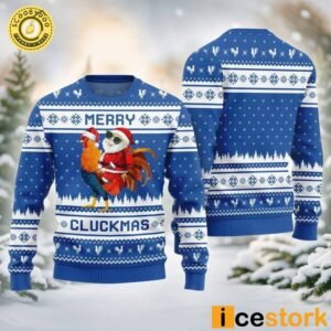 Merry Cluckmas Chicken Ugly Christmas Blue Sweater