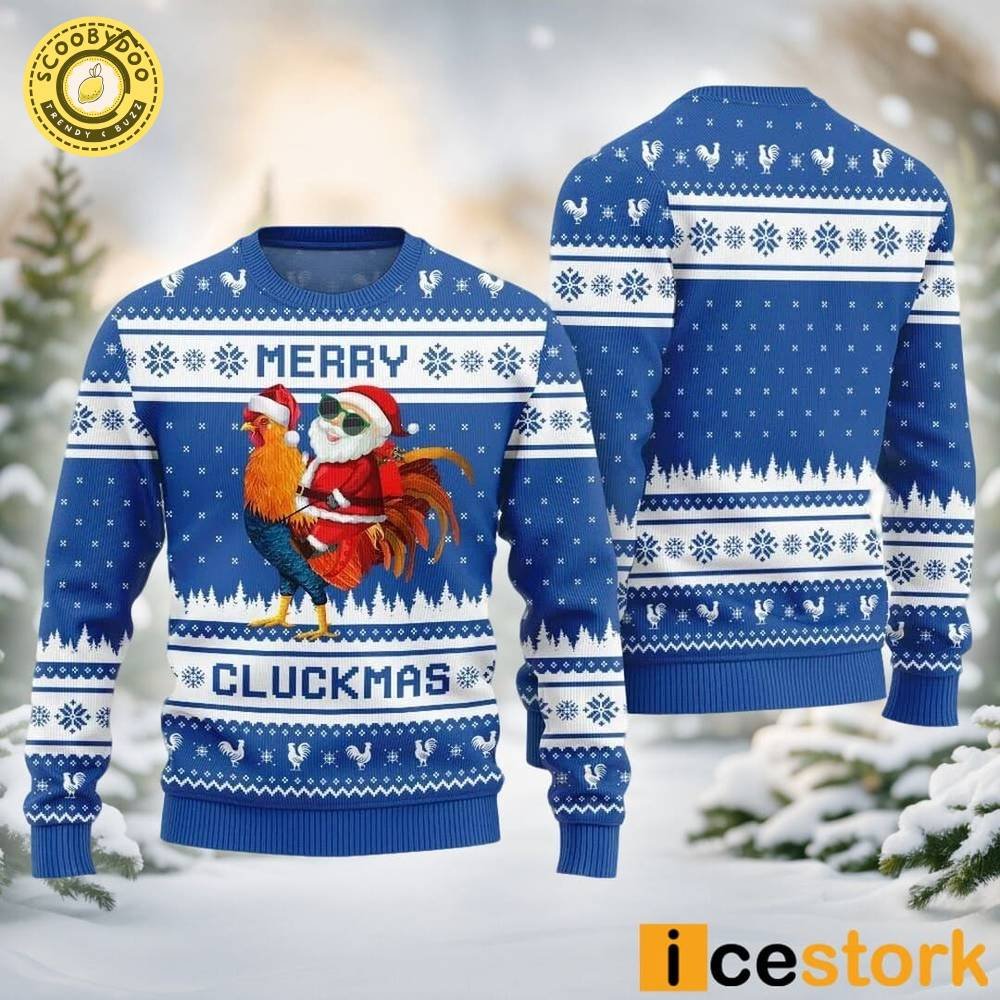 Merry Cluckmas Chicken Ugly Christmas Blue Sweater Merry Cluckmas Chicken Ugly Christmas Blue Sweater
