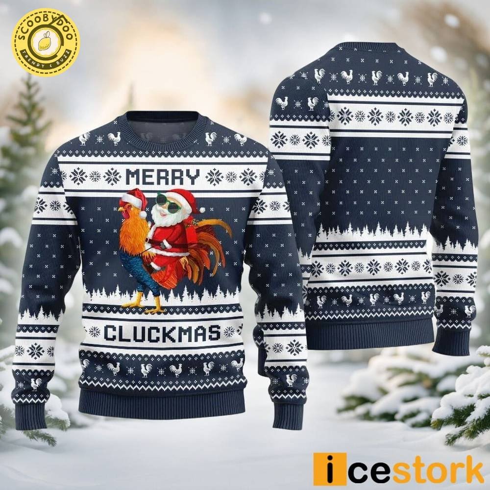 Merry Cluckmas Chicken Ugly Christmas Navy Sweater Merry Cluckmas Chicken Ugly Christmas Navy Sweater