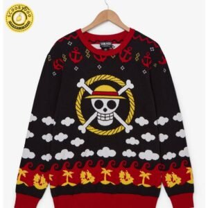 One Piece Straw Hat Jolly Roger Patterned Sweater