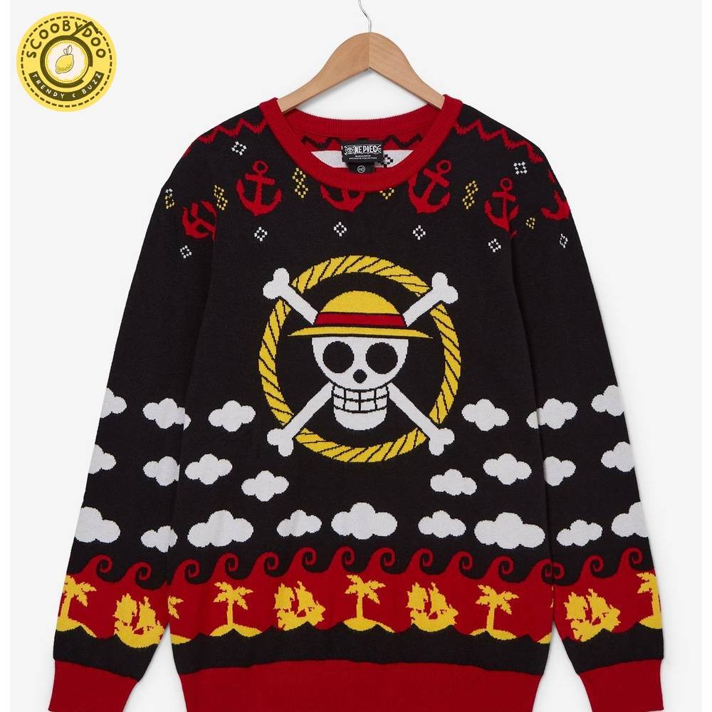 One Piece Straw Hat Jolly Roger Patterned Sweater One Piece Straw Hat Jolly Roger Patterned Sweater