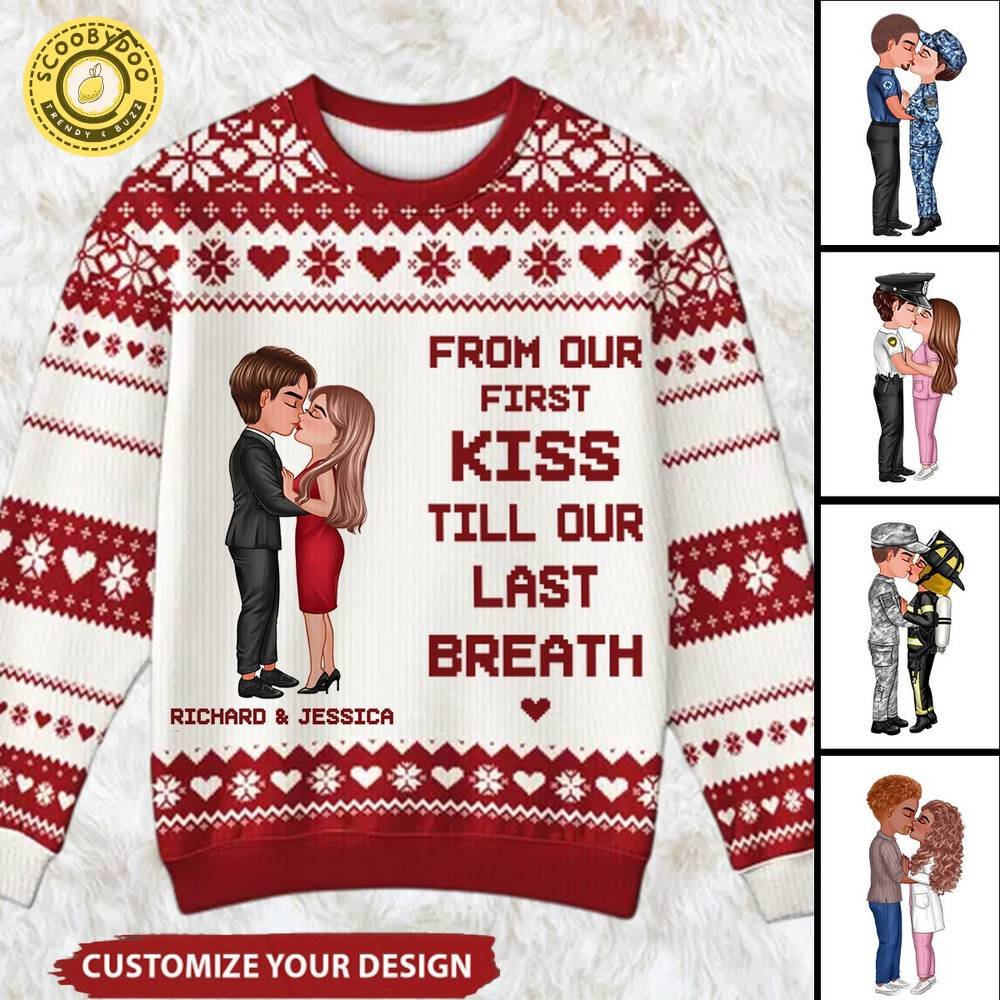 Personalized Christmas Hugging Kissing Couple Occupation Ugly Sweater Personalized Christmas Hugging Kissing Couple Occupation Ugly Sweater