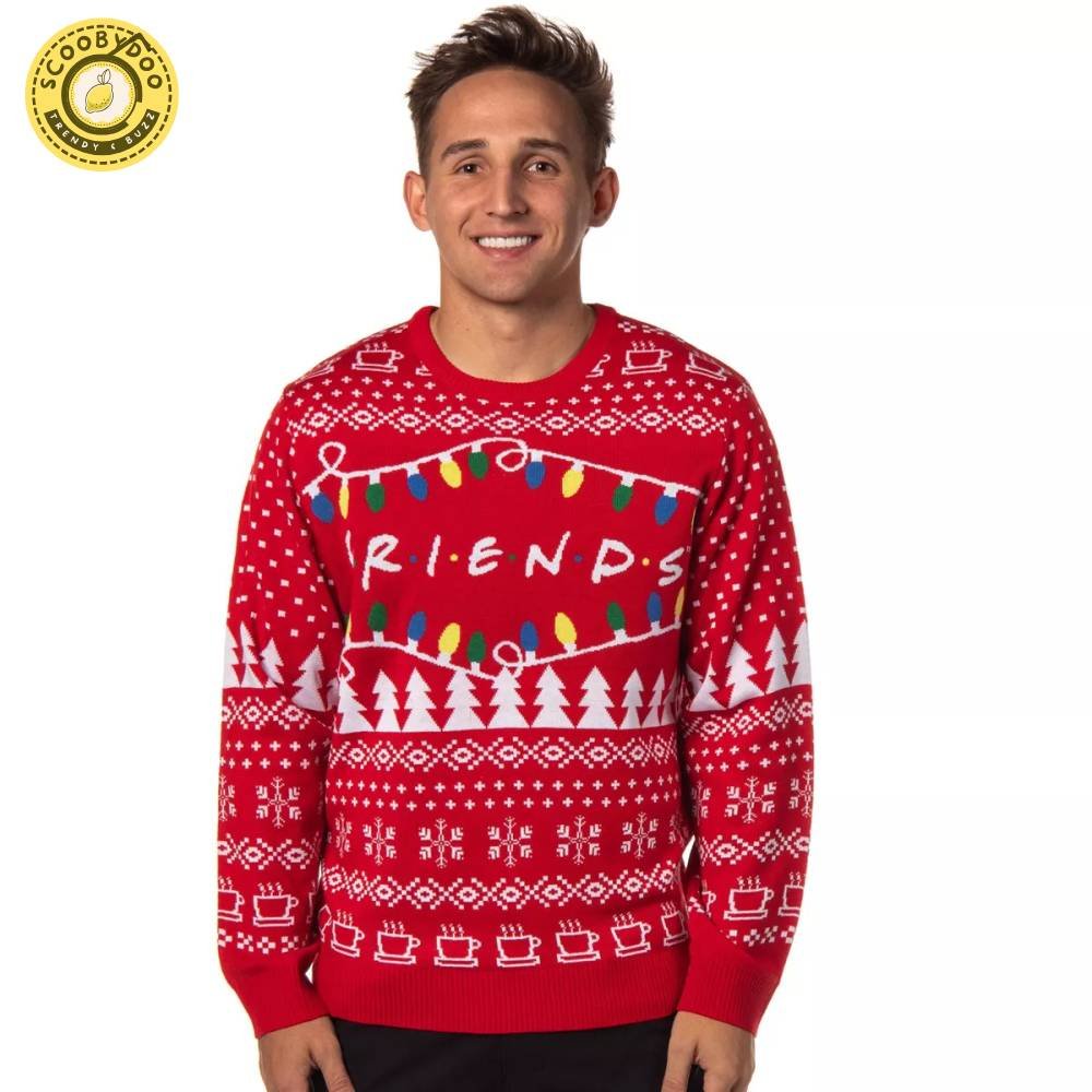 Seven Times Six Friends Tv Series Men'S Logo And Holiday Lights Ugly Christmas Sweater Red Seven Times Six Friends Tv Series Men'S Logo And Holiday Lights Ugly Christmas Sweater Red