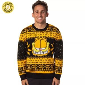 Seven Times Six Garfield Cat Men’S Big Grin Fair Isle Design Pullover Ugly Christmas Sweater Black
