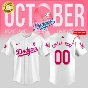 Unisex Nike White Los Angeles Dodgers 2024 Breast Cancer Awareness Month Personalized Jersey | MLB Cancer Awareness Dodgers Jersey