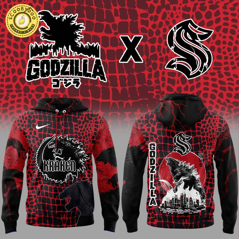 Seattle Kraken x Godzilla Red Hoodie 2025 Seattle Kraken x Godzilla Red Hoodie 2025