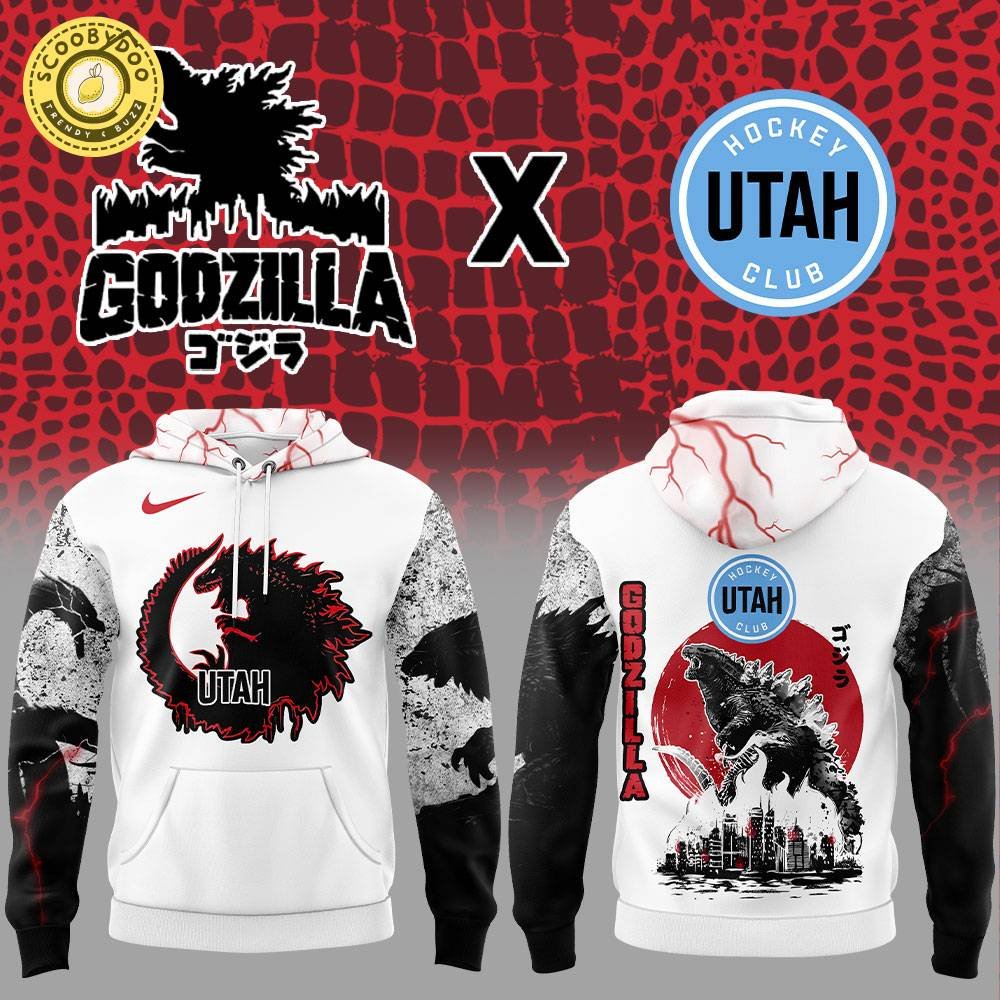 Utah Hockey x Godzilla Special Design White Hoodie 2025 Utah Hockey x Godzilla Special Design White Hoodie 2025