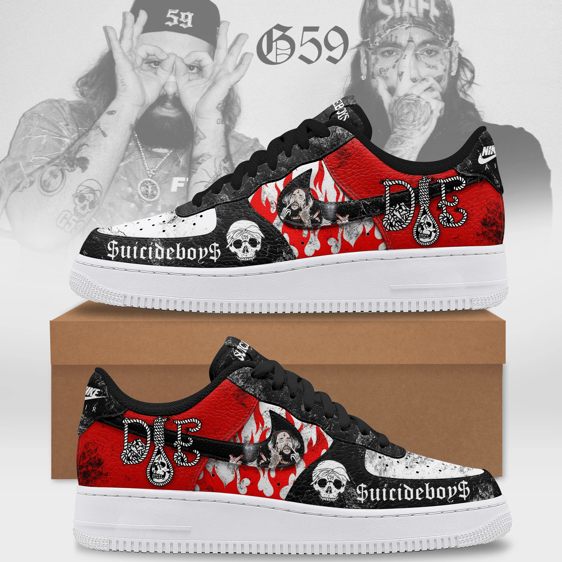 $uicideboy$ Red Flame Custom Air Force 1 – Gothic Rap Skull Sneakers $uicideboy$ Red Flame Custom Air Force 1 – Gothic Rap Skull Sneakers