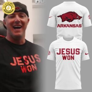 Arkansas x Jesus Won 2025 White TShirt