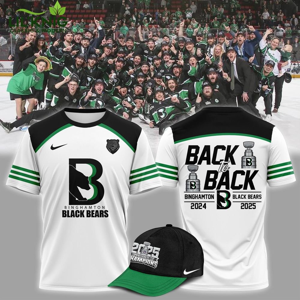 Commissioners Cup Champions Binghamton Black Bears 2025 Back To Back White Tshirt Commissioners Cup Champions Binghamton Black Bears 2025 Back To Back White Tshirt