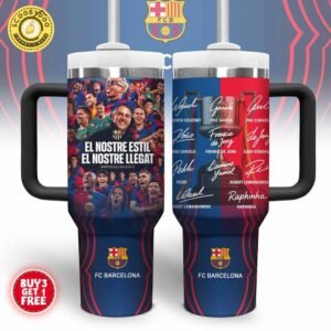 FC Barcelona Travel Mug – 2024-25 Champions Cup Design with Player Signatures