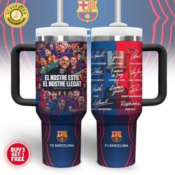FC Barcelona Travel Mug – 2024-25 Champions Cup Design with Player Signatures